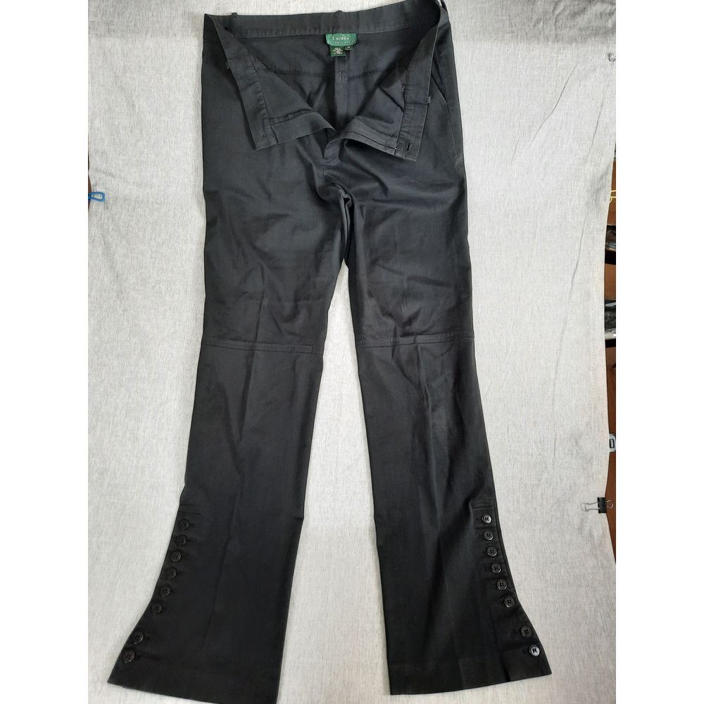 Lauren Ralph Lauren Women 12 Pleated Stretch Button Hem Flare Pants Black Cotton